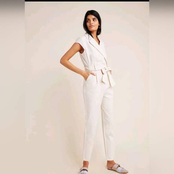 Anthropologie Beige Tie Waist Cap Sleeve Jumpsuit Women's Size 8 - Picture 11 of 12